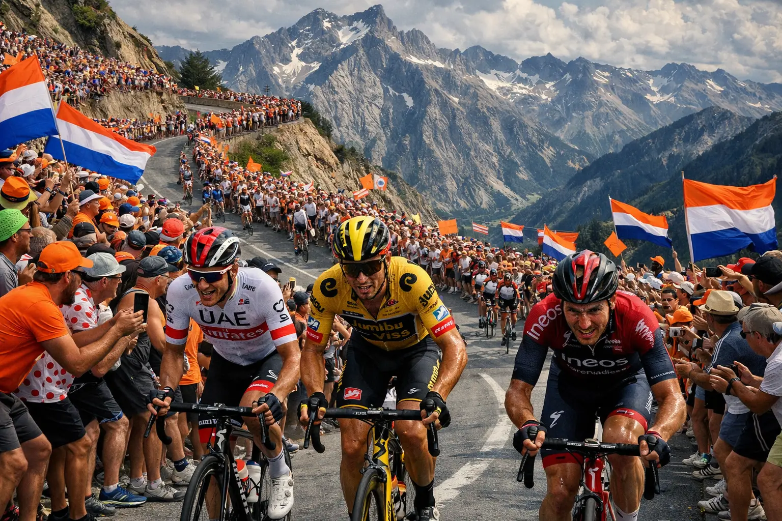 Ciclisti in salita sull'Alpe d'Huez durante il Tour de France