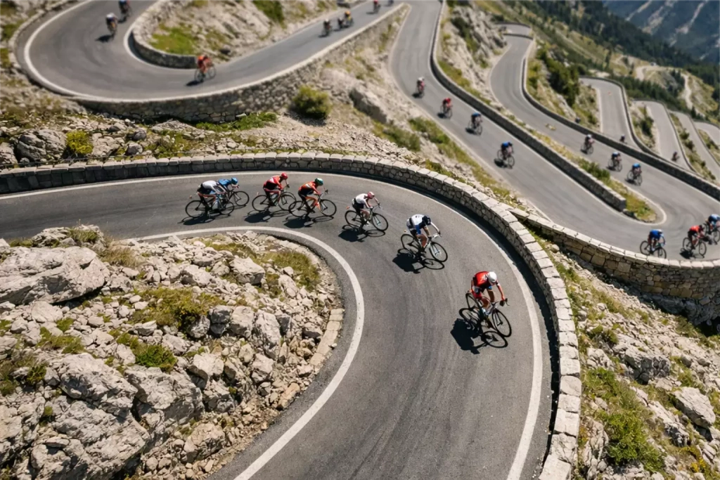 Strada di montagna con tornanti vista dall'alto durante una corsa ciclistica