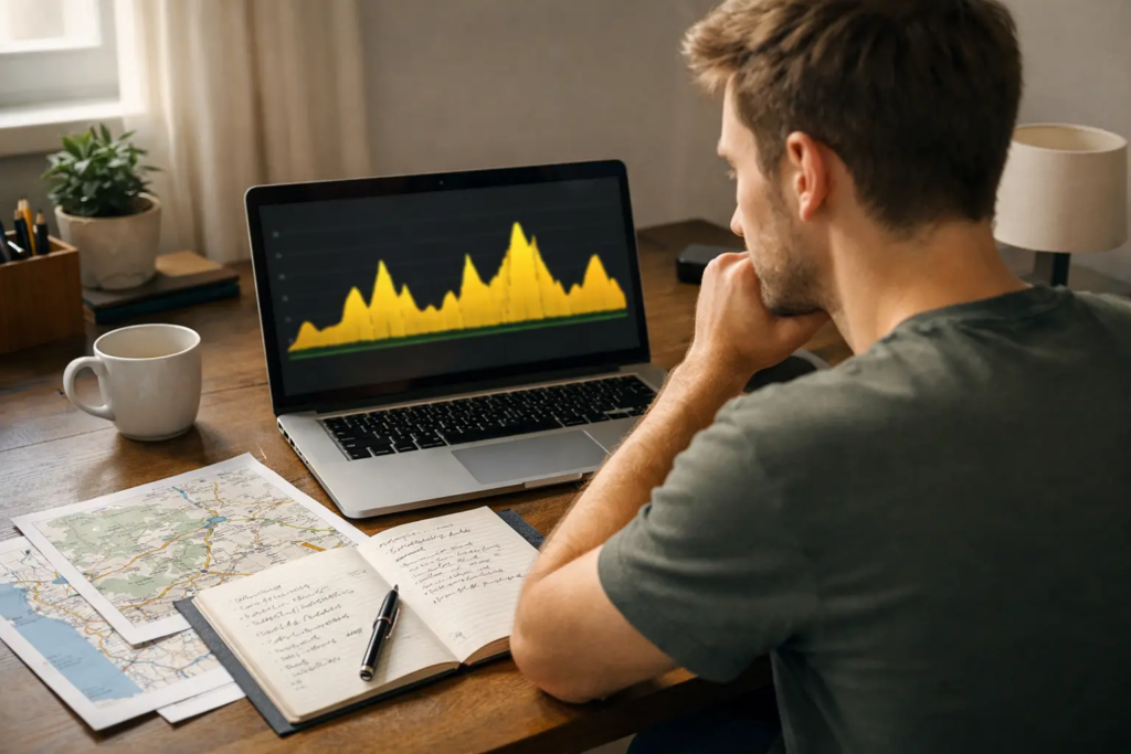 Persona che studia statistiche ciclistiche su laptop con mappa del percorso di gara