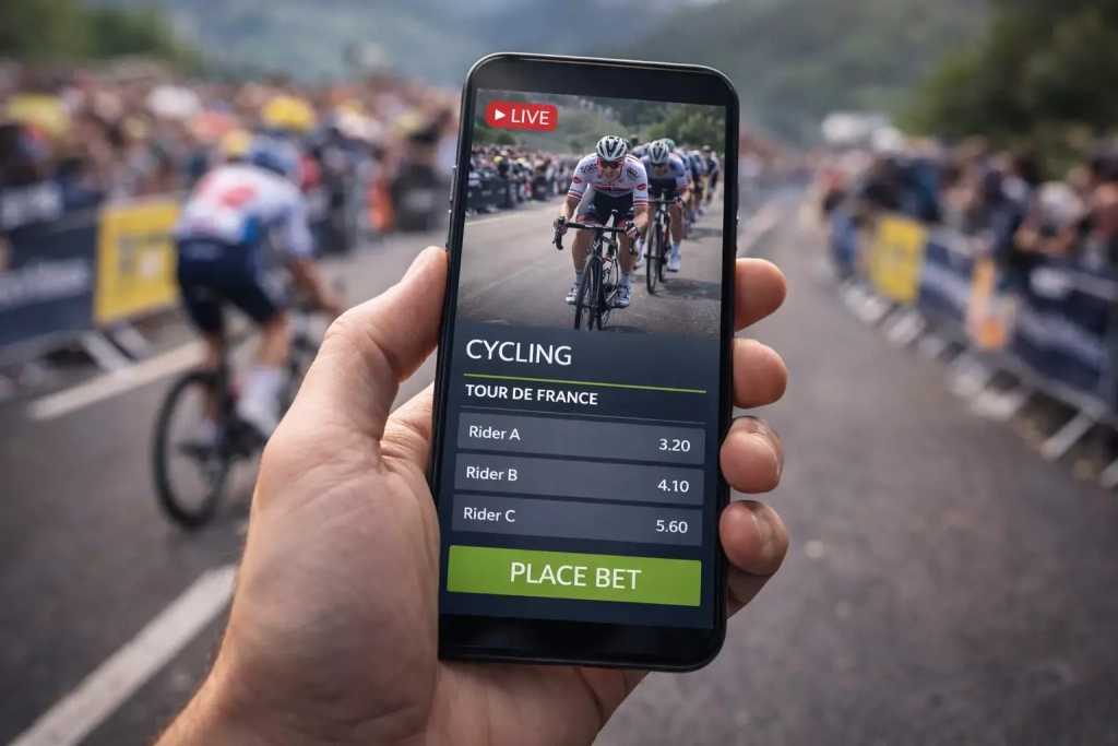Smartphone con app scommesse ciclismo in mano durante gara