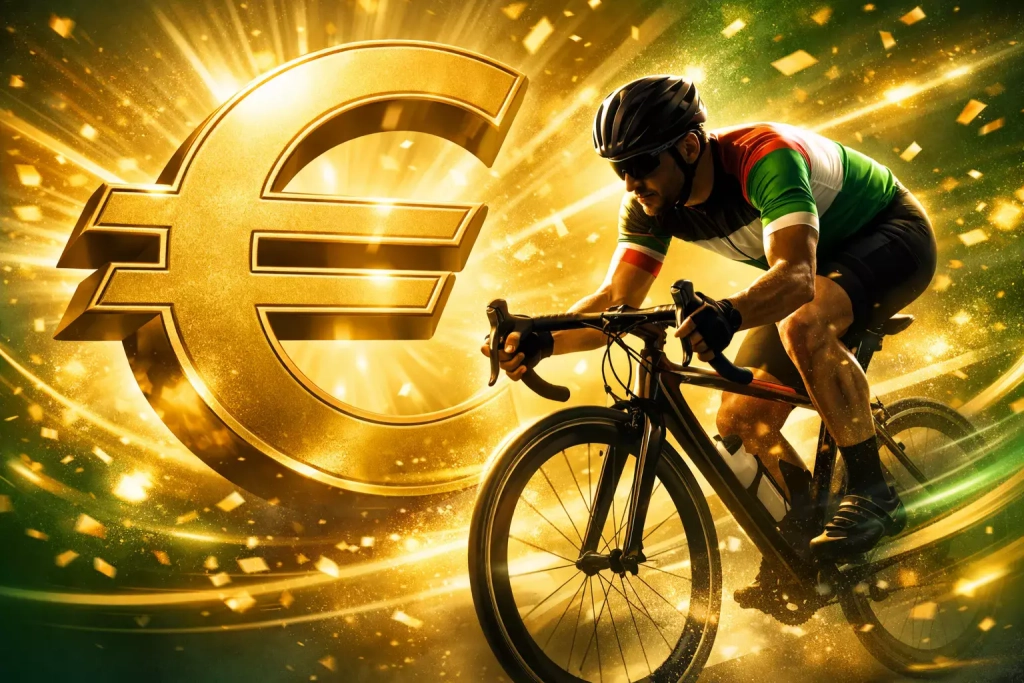 Simbolo euro con ciclista su sfondo di promozione bonus