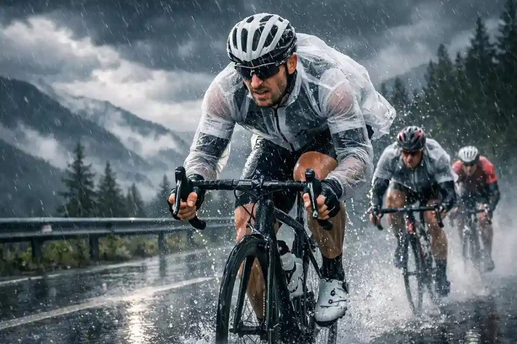 Ciclisti professionisti in gara sotto la pioggia battente