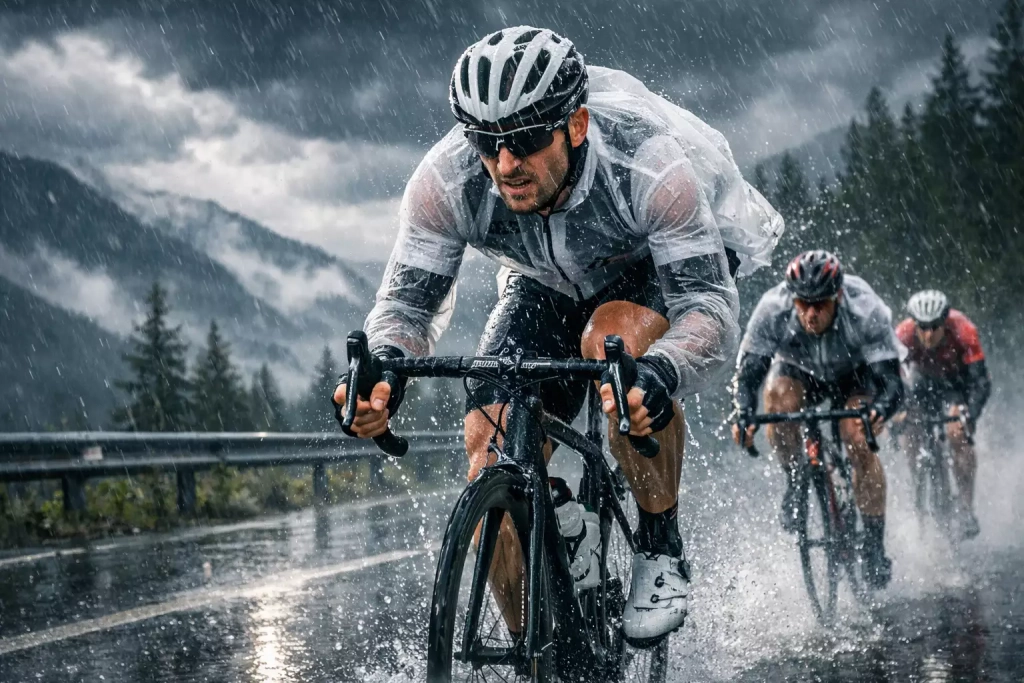 Ciclisti professionisti in gara sotto la pioggia battente