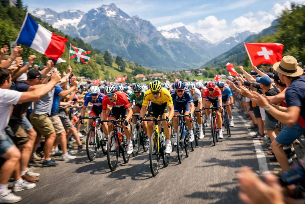 Gruppo compatto di ciclisti in azione durante una tappa con pubblico a bordo strada
