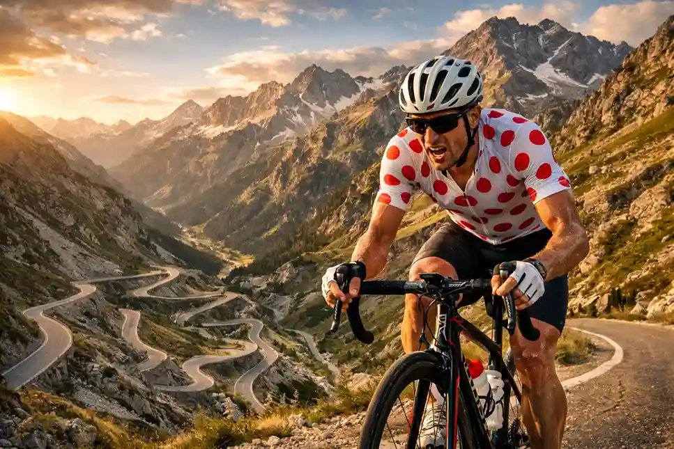 Ciclista con maglia a pois degli scalatori in salita durante un grande giro