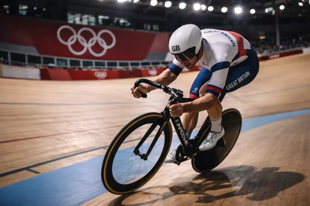 Ciclista olimpico in azione sulla pista del velodromo