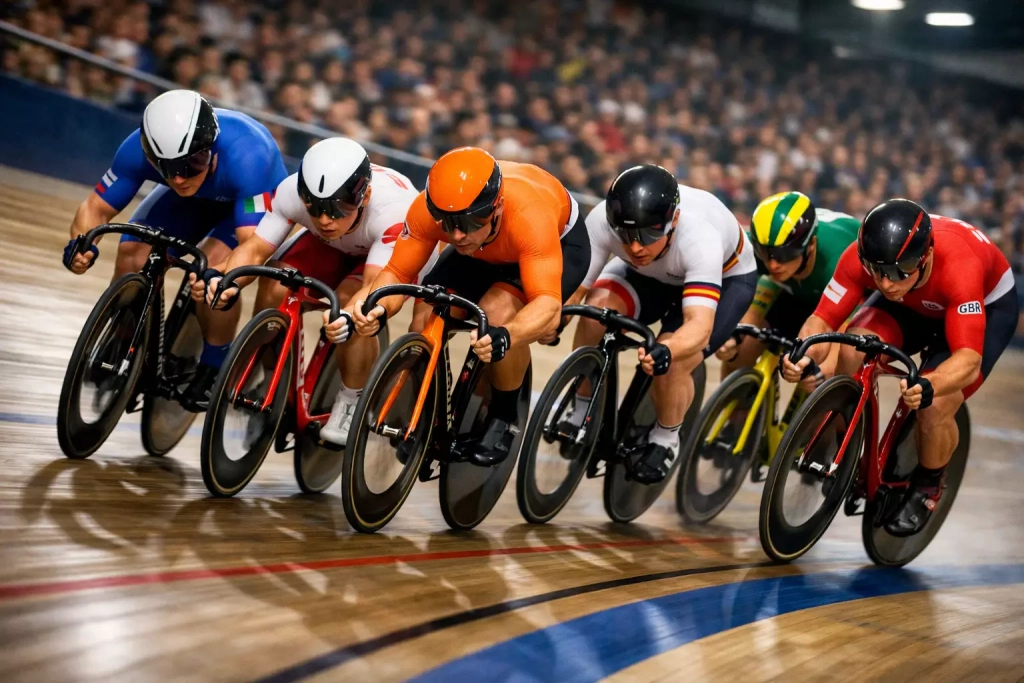 Ciclisti su pista durante una gara di keirin al velodromo