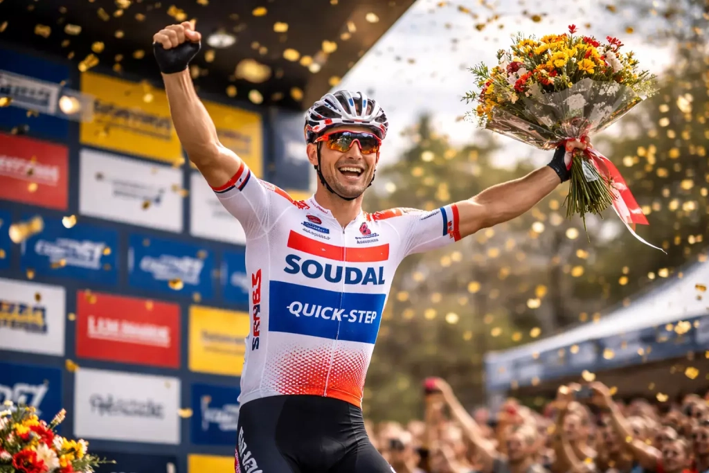 Ciclista sul podio con le braccia alzate dopo una vittoria di tappa