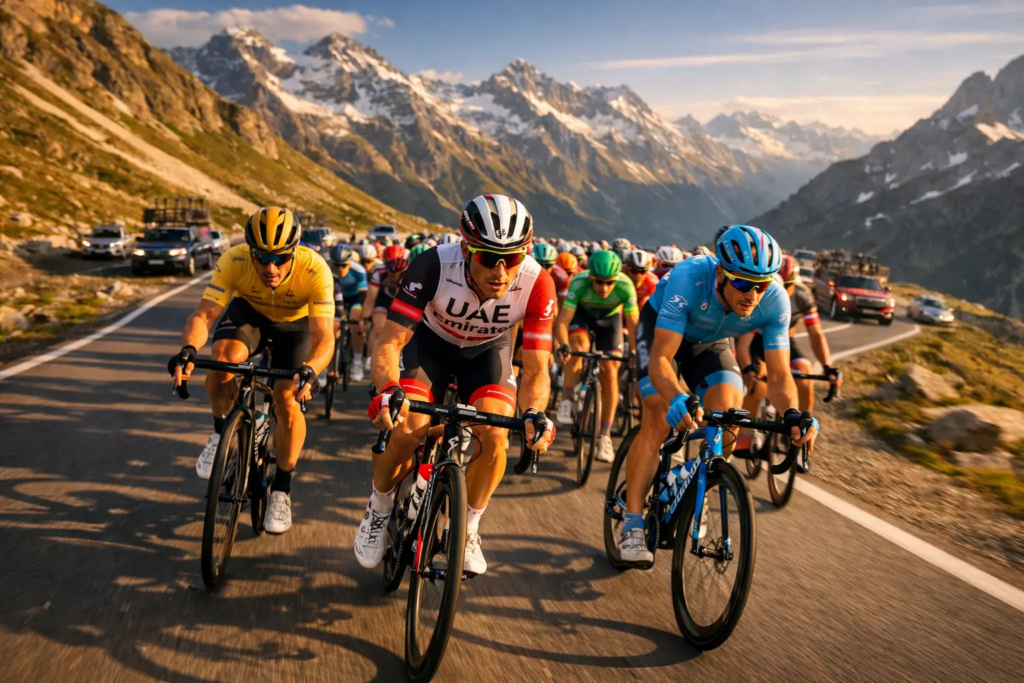 Gruppo di ciclisti professionisti in gara su strada di montagna con panorama alpino