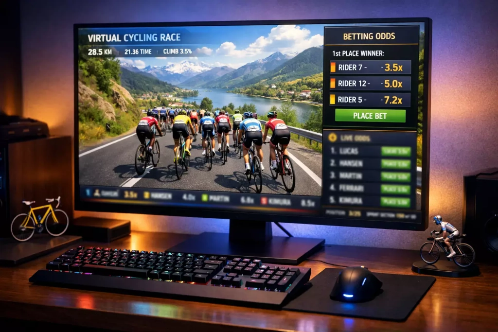 Schermo monitor con simulazione gara ciclistica virtuale