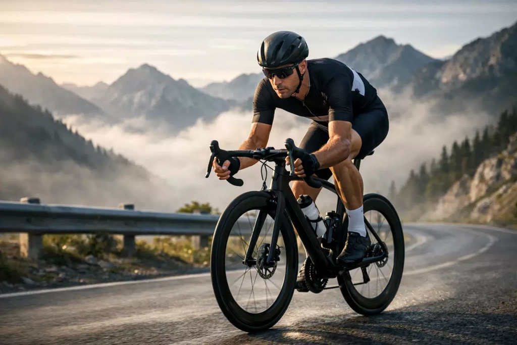 Ciclista professionista in allenamento concentrato sulla performance