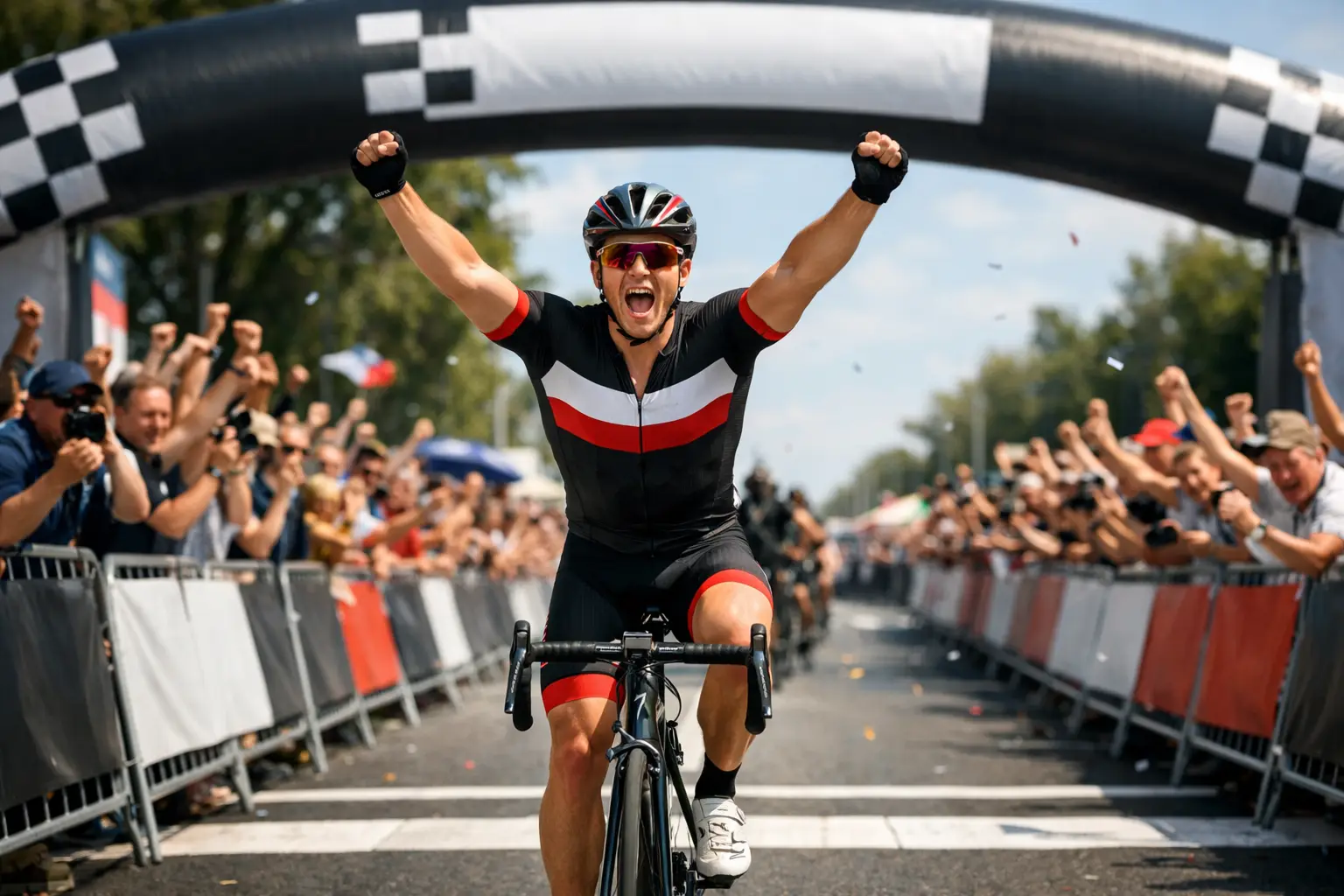 Ciclista che taglia il traguardo vincendo la gara