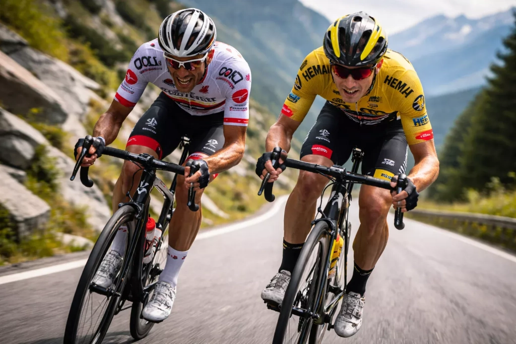Due ciclisti professionisti in un duello ravvicinato durante una gara su strada