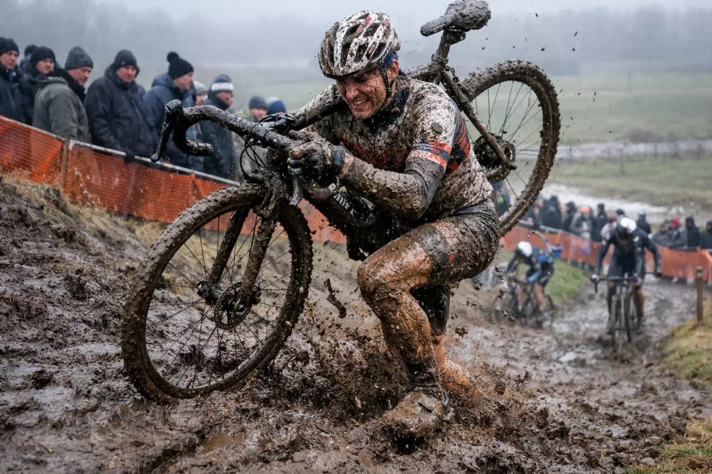 Ciclista di ciclocross in azione nel fango invernale