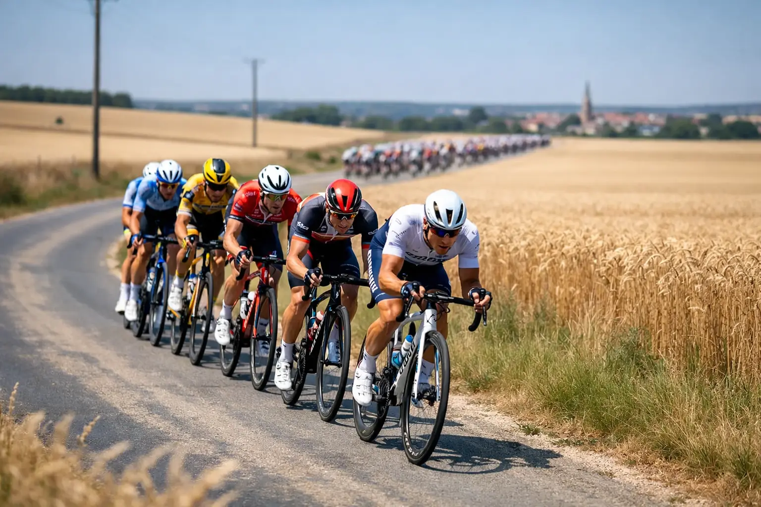Piccolo gruppo di ciclisti in fuga durante tappa del Tour
