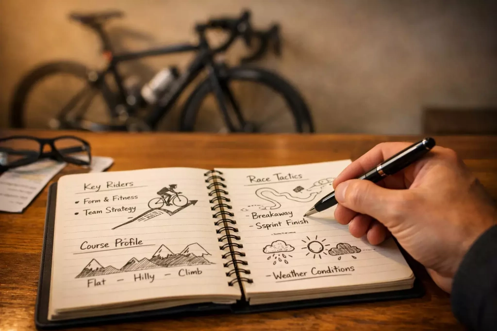 Mano che scrive appunti su un taccuino con bicicletta da corsa sullo sfondo