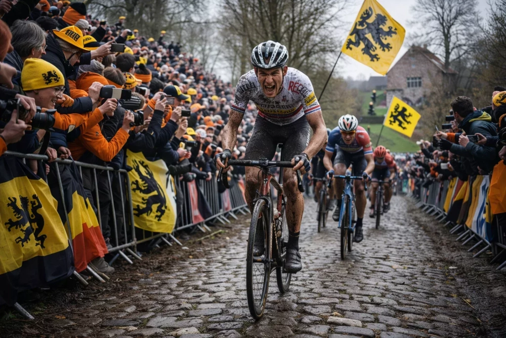 Ciclisti scalano il muro del Koppenberg con tifosi belgi lungo il percorso
