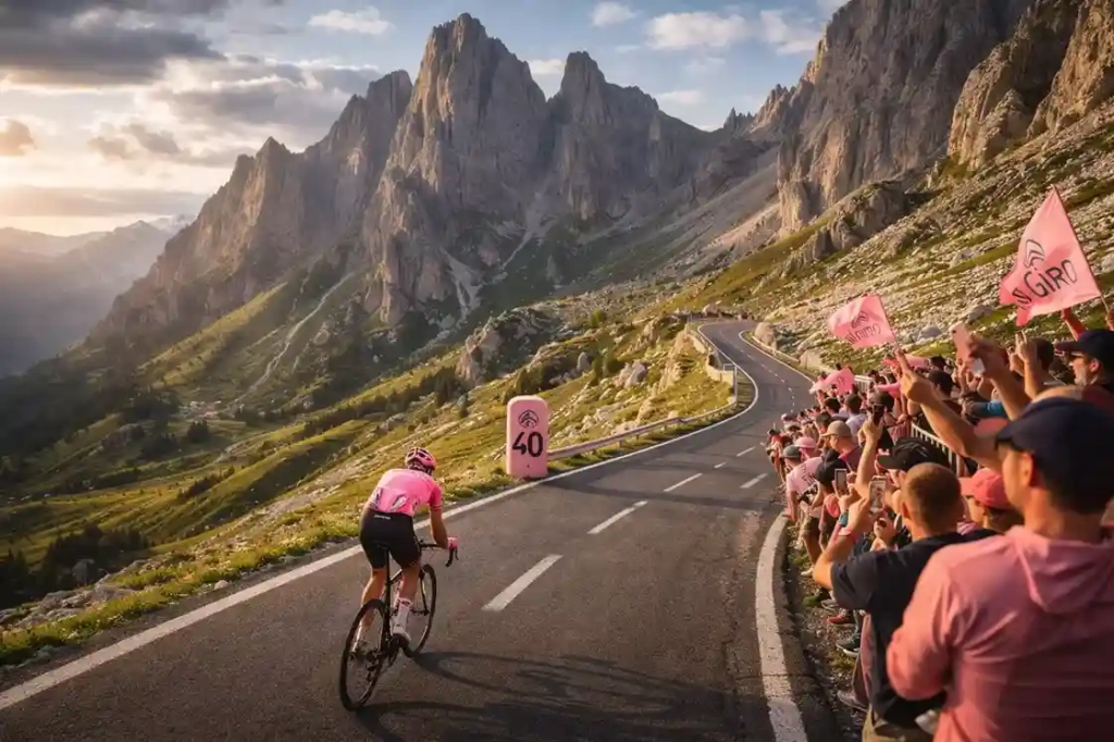 Ciclista in maglia rosa affronta una salita dolomitica durante il Giro d'Italia