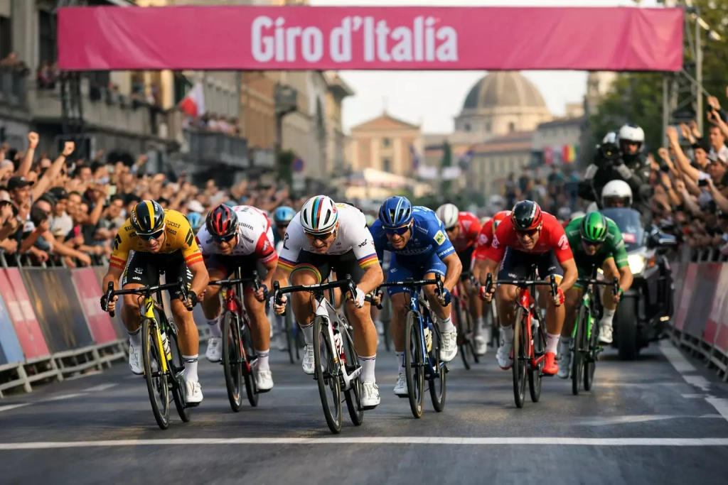 Volata di gruppo al traguardo di una tappa del Giro d'Italia con striscione arrivo