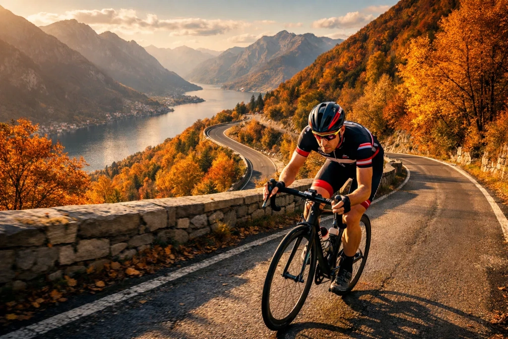 Ciclista professionista affronta una salita tra i colori autunnali del Giro di Lombardia