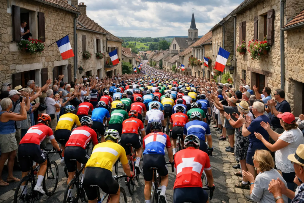 Pelotone del Tour de France che attraversa un villaggio francese con bandiere e tifosi