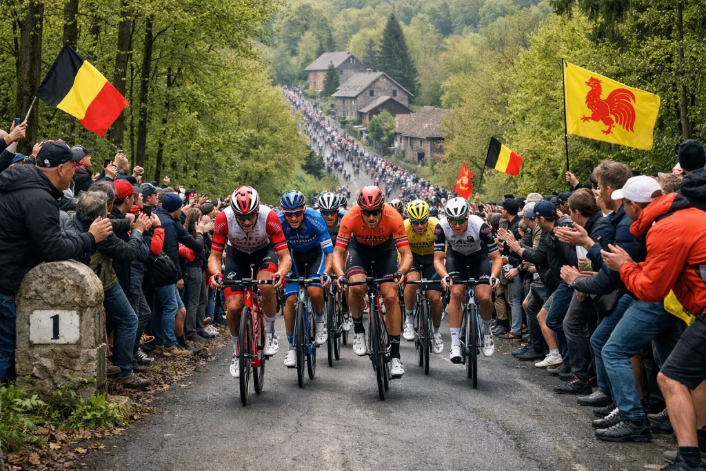 Ciclisti affrontano la Côte de la Redoute durante la Liegi-Bastogne-Liegi nelle Ardenne