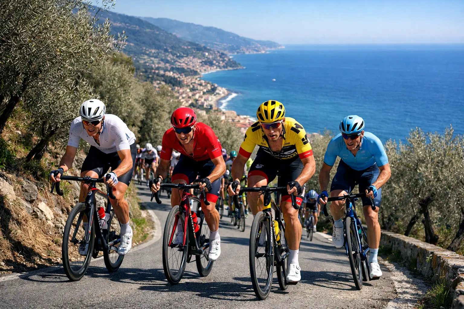 Ciclisti sulla salita del Poggio durante la Milano-Sanremo