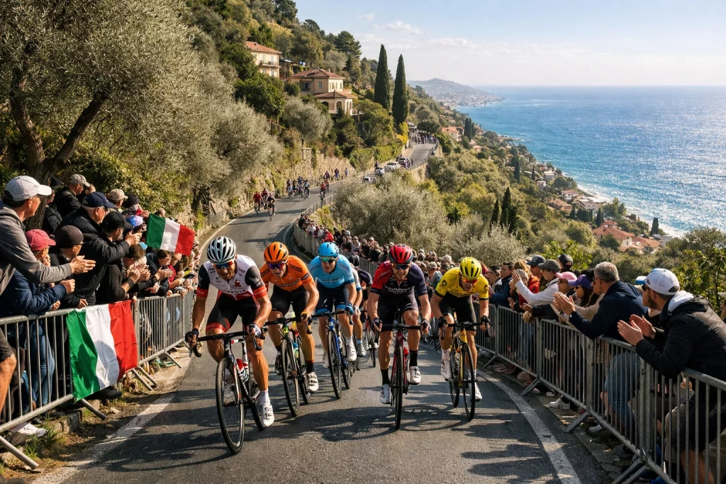 Ciclisti affrontano la salita del Poggio durante la Milano-Sanremo con vista sul mare ligure