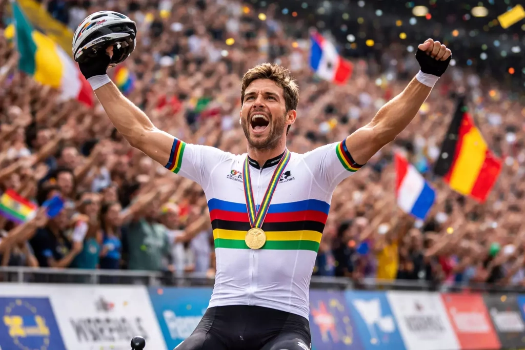 Ciclista con maglia iridata campione del mondo sul podio