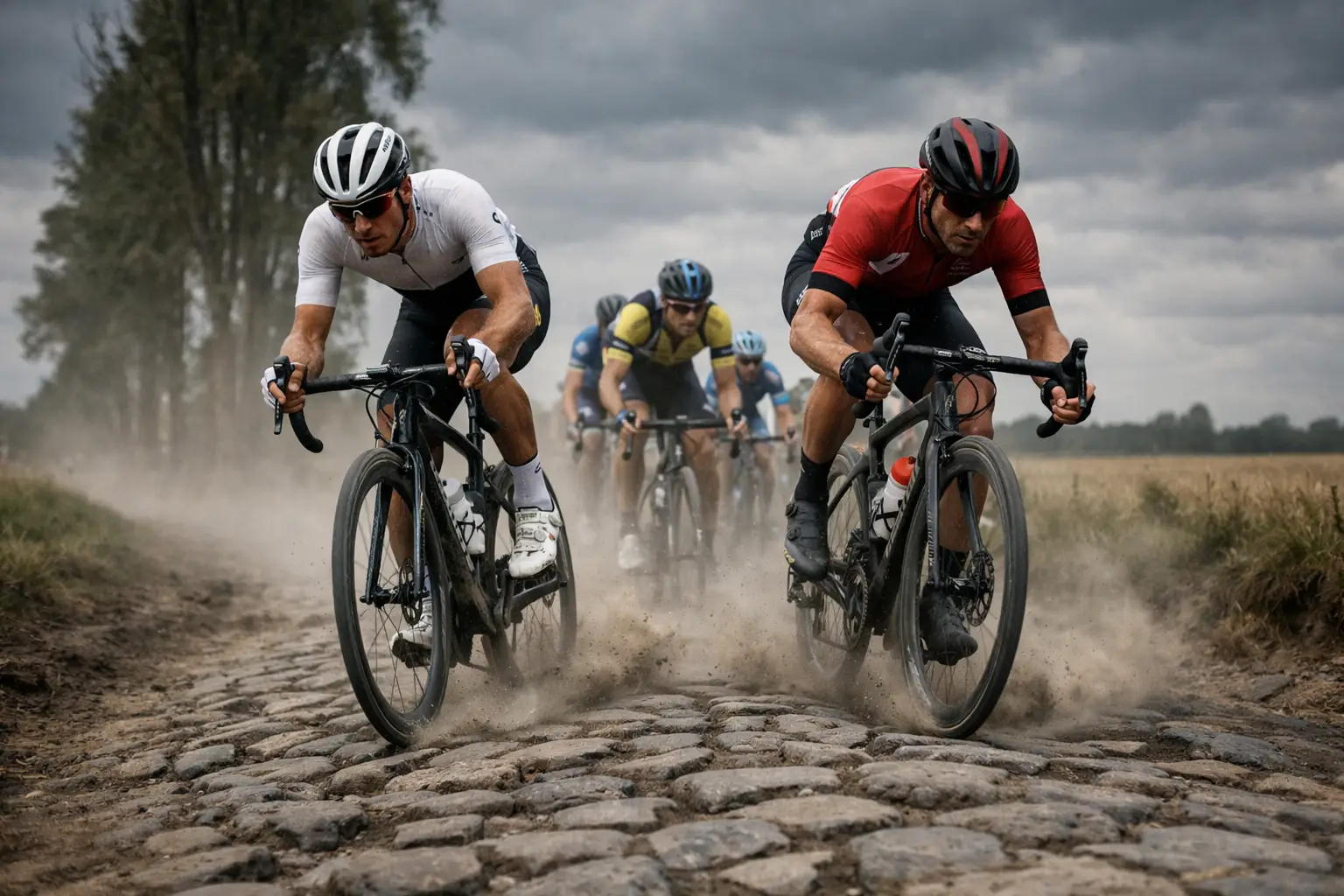 Ciclisti sui settori di pavé durante la Parigi-Roubaix