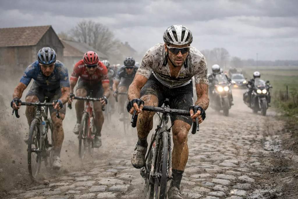 Ciclisti attraversano un settore di pavé della Parigi-Roubaix con polvere e fango