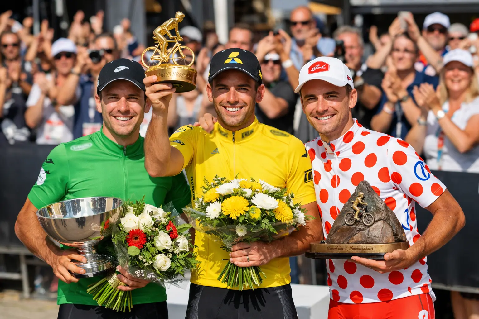 Podio con ciclisti premiati per diverse classifiche