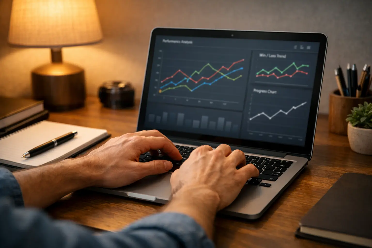 Persona che analizza dati e statistiche sportive su laptop