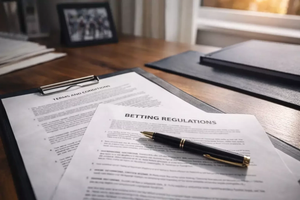 Documento regolamento scommesse con penna su scrivania