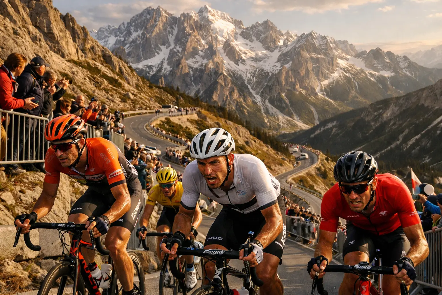 Ciclisti in salita su passo alpino durante gara ciclistica