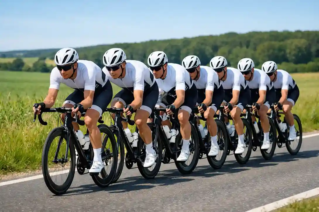 Squadra ciclistica professionale che lavora insieme in formazione durante una corsa
