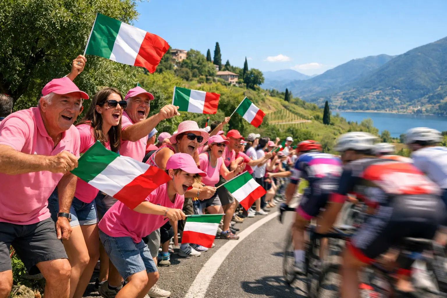 Tifosi italiani lungo il percorso di una tappa ciclistica