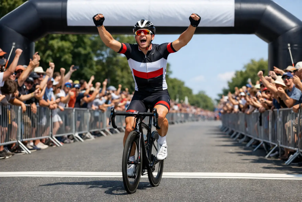 Ciclista che taglia il traguardo con le braccia alzate durante una tappa