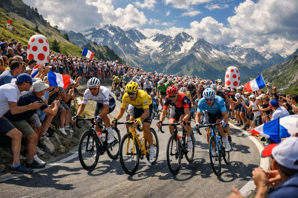 Gruppo di ciclisti durante una tappa alpina del Tour de France con pubblico lungo la strada