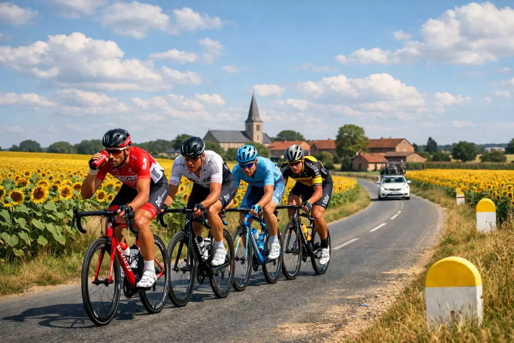 Ciclisti in fuga su una strada del Tour de France con campi di girasoli ai lati