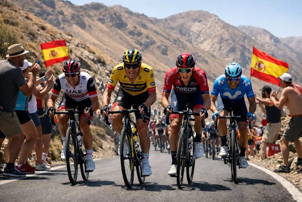 Ciclisti professionisti in salita durante la Vuelta a España con montagne spagnole sullo sfondo